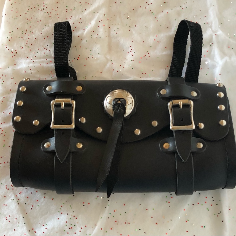 Black Leather Bike Bag Buckled Studed Tool Bag Fork Sissy Adjustable